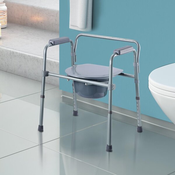 Sedia WC Altezza Regolabile in Tubi di Ferro Grigio 53.3x56.5x60-74.5 cm