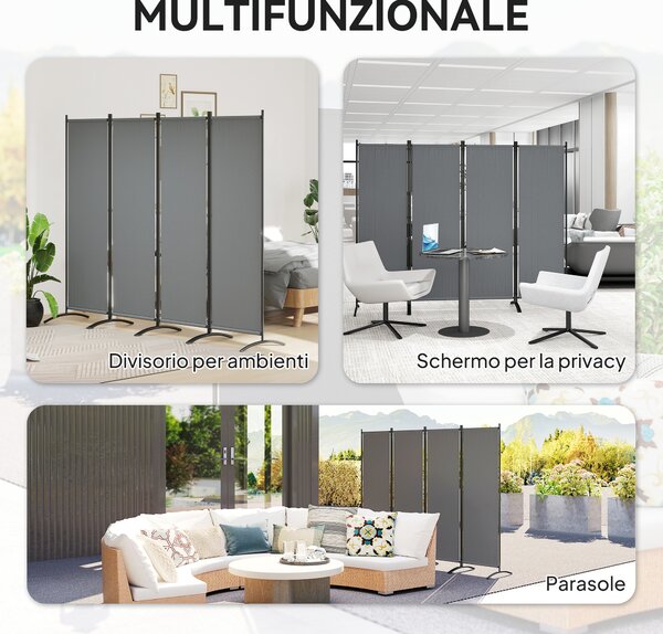 Outsunny Separé Divisorio Decorativo da Esterno a 4 Pannelli, Paravento da Giardino Alto Pieghevole, per Interno, Esterno, Balcone e Terrazzo, 221x50x172 cm, Grigio Scuro | Aosom Italy