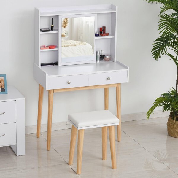 Consolle Trucco 80x40x127 cm con Specchio e Sgabello Bianca