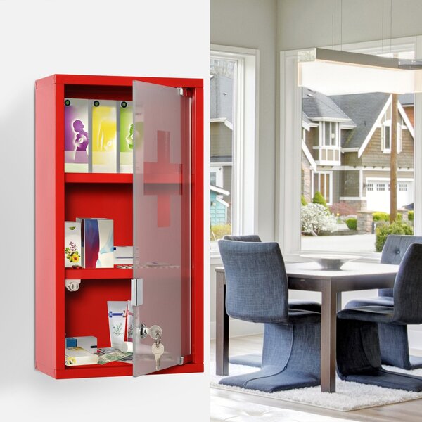 Armadietto per Medicinali 25x12x48 cm 3 Ripiani in Acciaio e Vetro Rosso