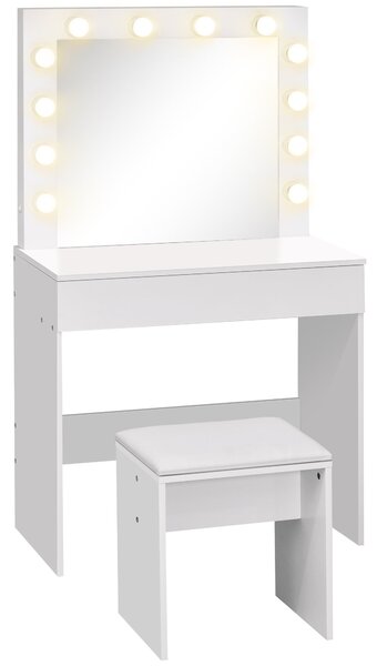 Consolle Trucco con Specchio 80x40x140 cm con Sgabello in Legno Bianca