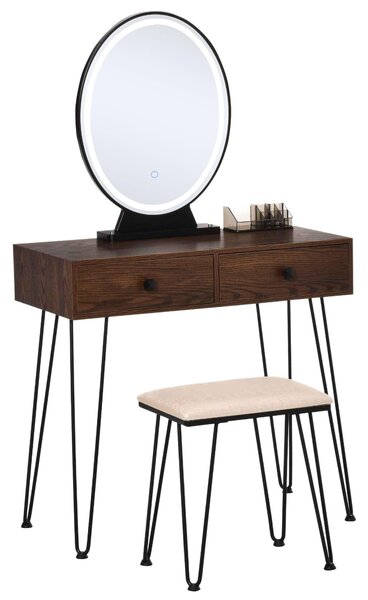 Consolle Trucco 2 Cassetti 80x40x136 cm con Specchio e Sgabello Noce