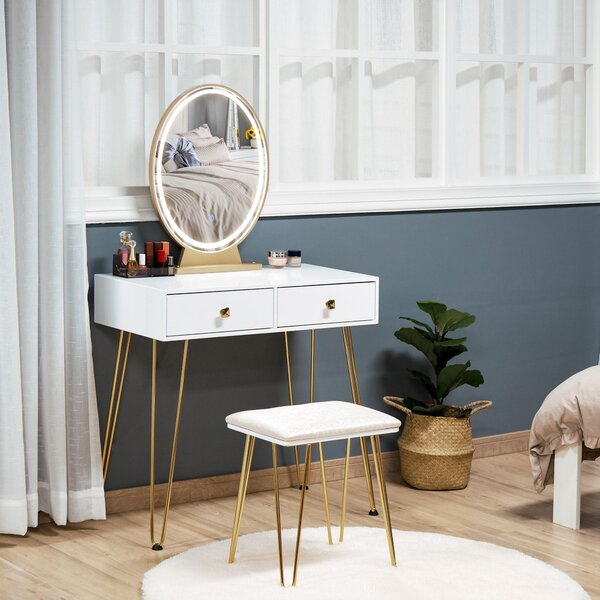 Consolle Trucco 2 Cassetti 80x40x136 cm con Specchio e Sgabello Bianco