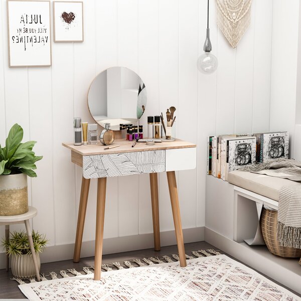 Consolle Trucco 70x39x120 cm con Specchio e Cassetto Jungle Bianco e Rovere