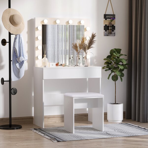 Consolle Trucco con Specchio 80x40x140 cm con Sgabello in Legno Bianca