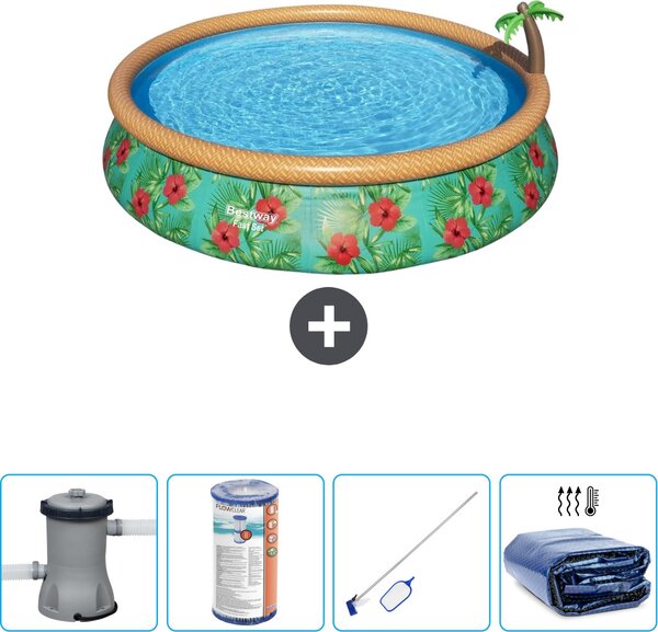 Piscina gonfiabile rotonda Bestway ad ambientazione rapida - Paradise Print - 457 x 84 cm - inclusa pompa - filtro - kit di pulizia - tenda da sole