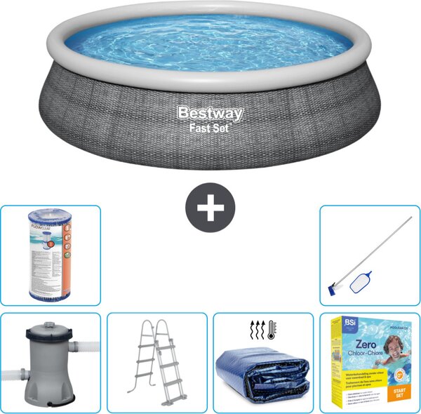 Piscina gonfiabile rotonda Bestway ad ambientazione rapida - stampa rattan - 457 x 107 cm - inclusa pompa - scala tenda da sole - pacchetto manutenzione - filtro - kit di pulizia
