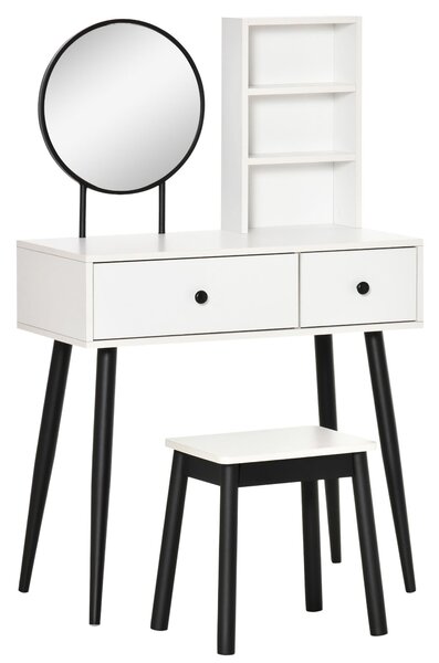Consolle Trucco con Specchio e Sgabello in Legno Bianco e Nero