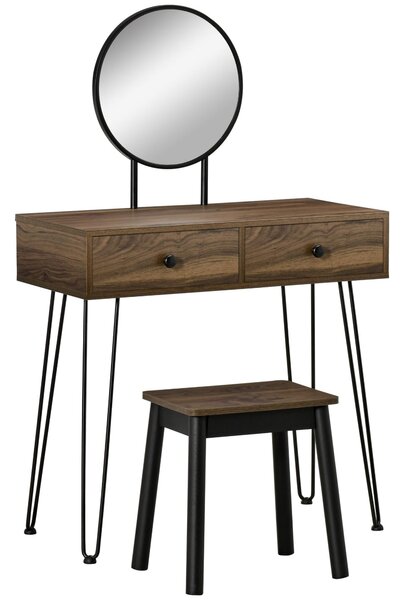 Consolle Trucco con Specchio e Sgabello in Legno e Metallo Color Noce