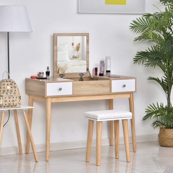 Consolle Trucco Moderna 100x45x118 cm con Specchio e Sgabello