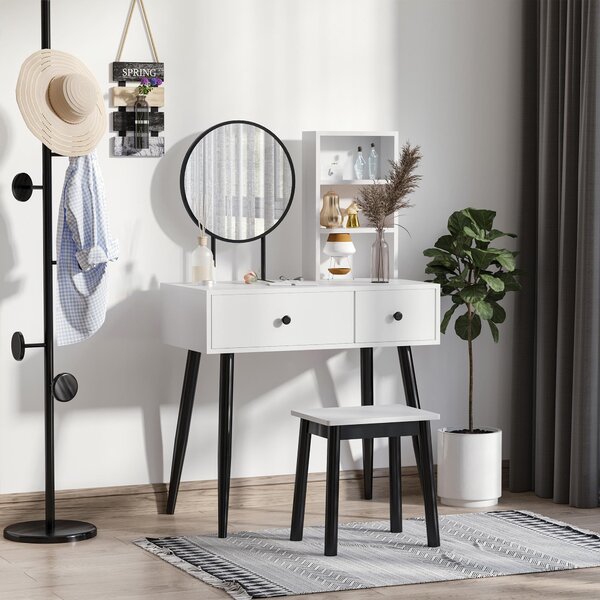 Consolle Trucco con Specchio e Sgabello in Legno Bianco e Nero