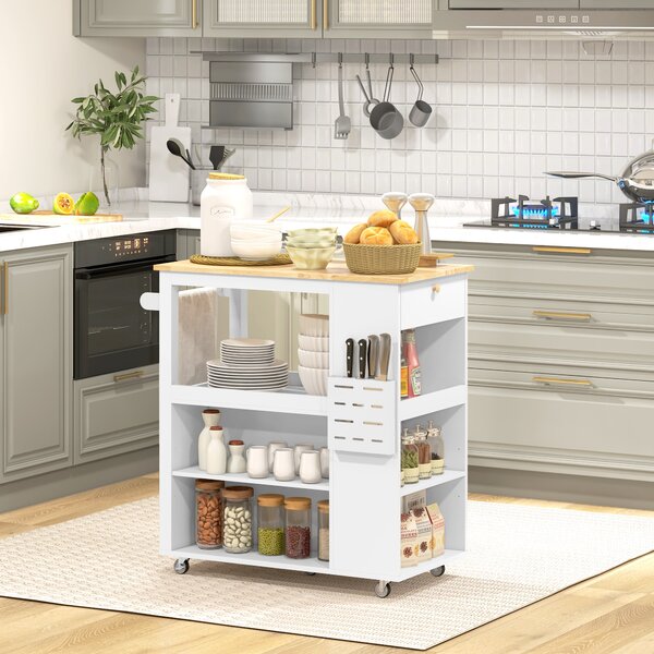 HOMCOM Carrello Isola da Cucina con Ripiani Regolabili, Portacoltelli e Piano in Legno, 86.5x47x88 cm, Bianco | Aosom Italy