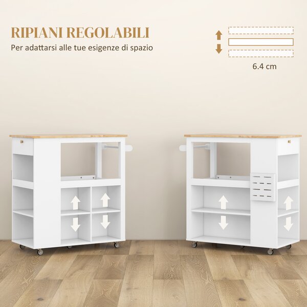 HOMCOM Carrello Isola da Cucina con Ripiani Regolabili, Portacoltelli e Piano in Legno, 86.5x47x88 cm, Bianco | Aosom Italy