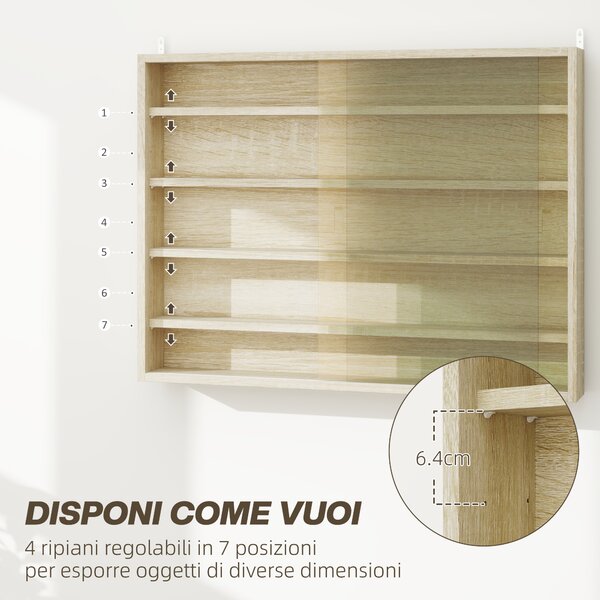 HOMCOM Bacheca Portaoggetti a 5 Ripiani Regolabili in Legno con Ante in Vetro, 80x9.5x60 cm, Color Legno | Aosom Italy