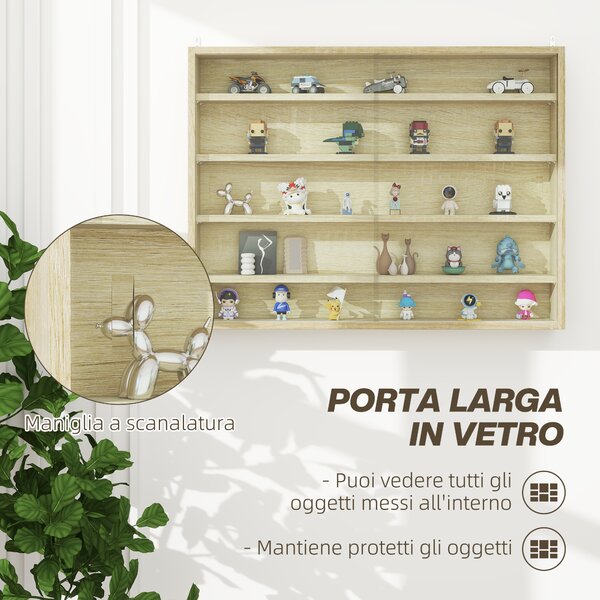 HOMCOM Bacheca Portaoggetti a 5 Ripiani Regolabili in Legno con Ante in Vetro, 80x9.5x60 cm, Color Legno | Aosom Italy