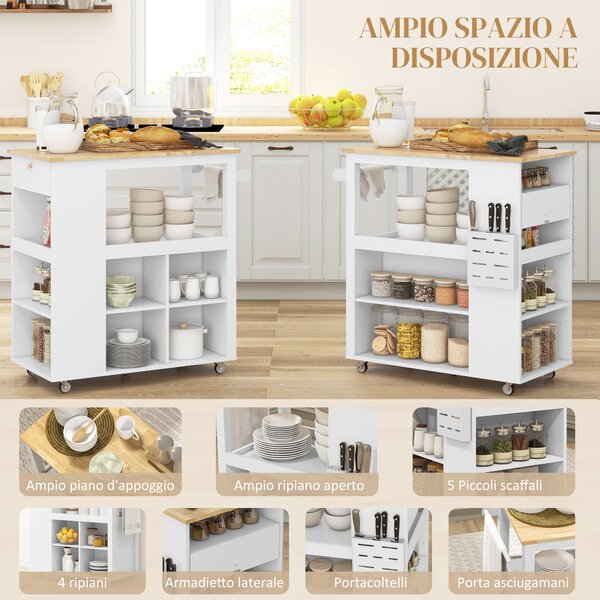 HOMCOM Carrello Isola da Cucina con Ripiani Regolabili, Portacoltelli e Piano in Legno, 86.5x47x88 cm, Bianco | Aosom Italy