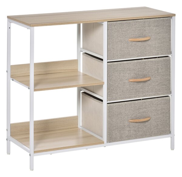 HOMCOM Cassettiera in Tessuto Cassettiera in Tessuto con 3 Cassetti Pieghevoli e 2 Ripiani Aperti 80x29x71 cm Legno Naturale e Grigio Chiaro | Aosom Italy