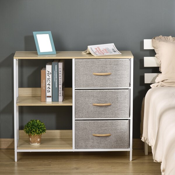 HOMCOM Cassettiera in Tessuto Cassettiera in Tessuto con 3 Cassetti Pieghevoli e 2 Ripiani Aperti 80x29x71 cm Legno Naturale e Grigio Chiaro | Aosom Italy