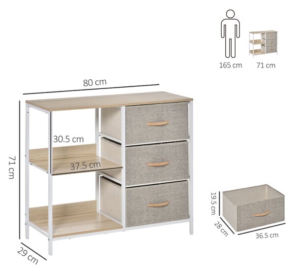 HOMCOM Cassettiera in Tessuto Cassettiera in Tessuto con 3 Cassetti Pieghevoli e 2 Ripiani Aperti 80x29x71 cm Legno Naturale e Grigio Chiaro | Aosom Italy