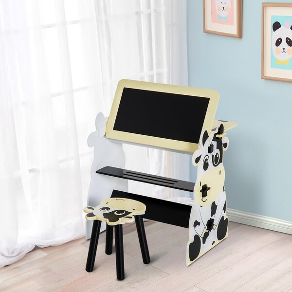 Set Tavolino Lavagna con Sgabello per Bambini Stampa Mucca 60x40x60 cm