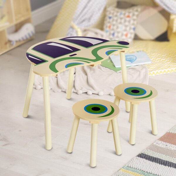 Set Macchinina con Tavolino e 2 Sgabelli per Bambini in Legno 76.5x58.5x46 cm