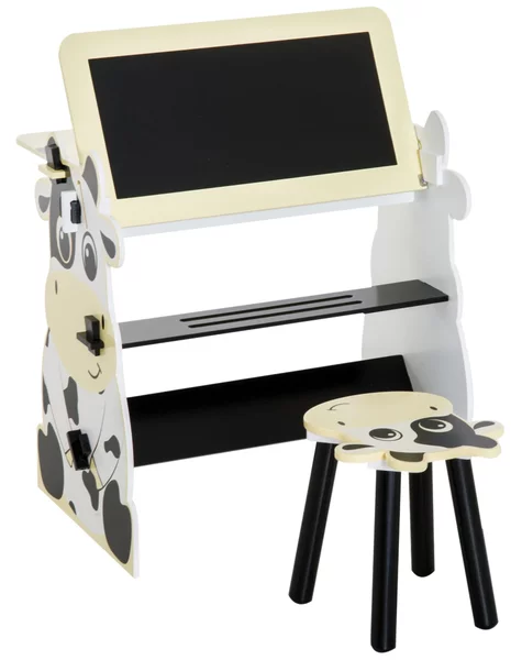 Set Tavolino Lavagna con Sgabello per Bambini Stampa Mucca 60x40x60 cm
