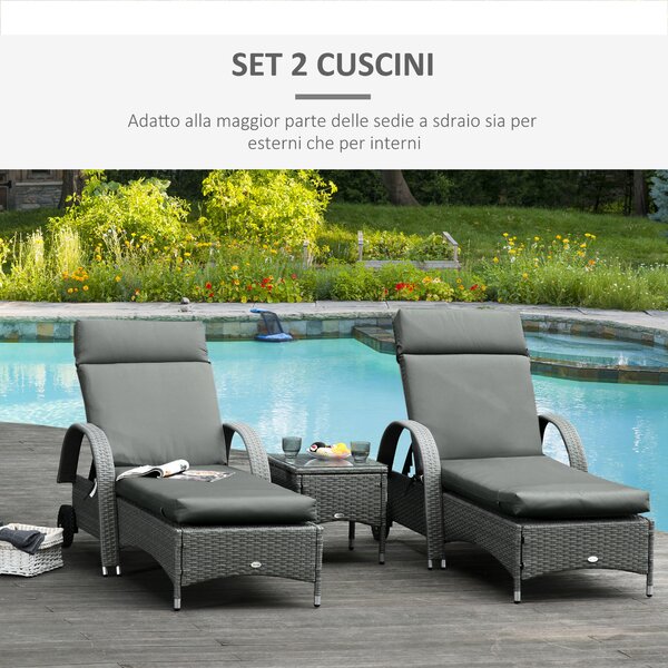 Outsunny Set 2 Cuscini per Sedie da Esterno con Cinghie, Cuscini da Esterno Imbottito in Cotone e Poliestere, per Sdraio Prendisole Poltrona Giardino, 196x55x8 cm, Grigio Scuro | Aosom Italy