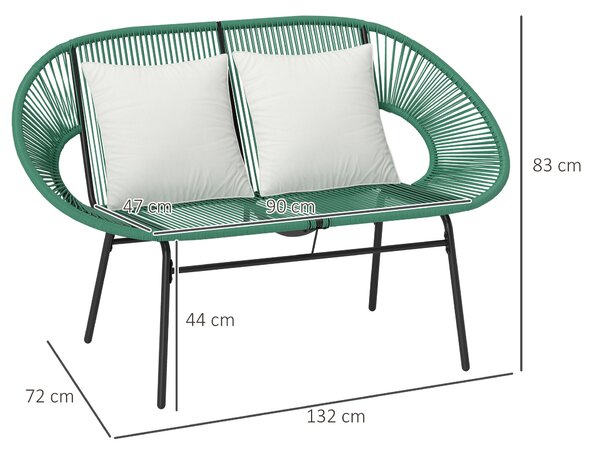 Outsunny Divano da Giardino 2 Posti in Rattan PE e Acciaio con Cuscini e Braccioli, 132x72x83 cm, Verde | Aosom Italy
