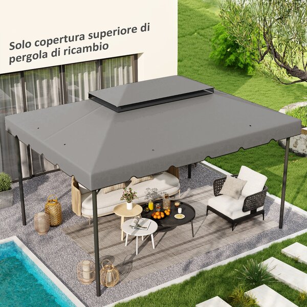 Tetto per Gazebo 3x4 m a 2 Livelli con 8 Fori di Drenaggio in Poliestere Grigio Chiaro