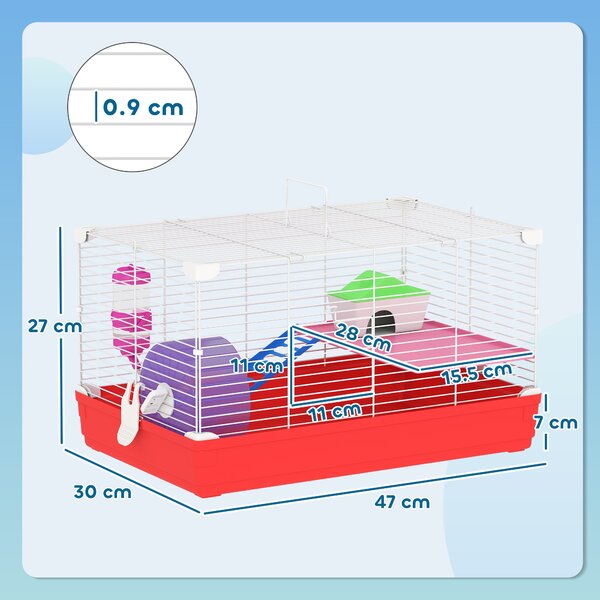 PawHut Gabbia per Criceti a 2 Livelli in Metallo e PP con Casetta, Serbatoio dell'acqua e Ruota, 47x30x27 cm|Aosom
