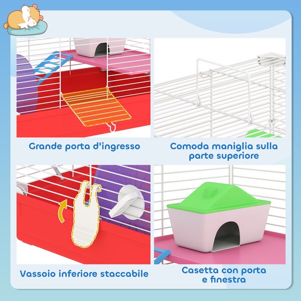 PawHut Gabbia per Criceti a 2 Livelli in Metallo e PP con Casetta, Serbatoio dell'acqua e Ruota, 47x30x27 cm|Aosom