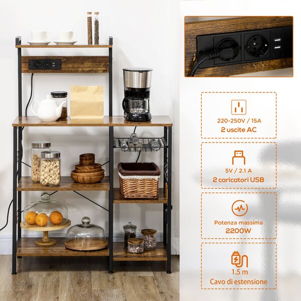 HOMCOM Scaffale Cucina Multipresa per Microonde con Ripiani e Cestino a Rete, 90x42x130cm, Marrone