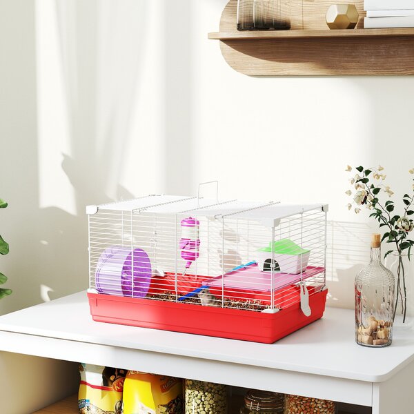 PawHut Gabbia per Criceti a 2 Livelli in Metallo e PP con Casetta, Serbatoio dell'acqua e Ruota, 47x30x27 cm|Aosom