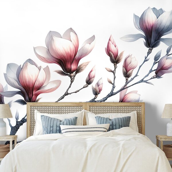 Carta da parati – Magnolie delicate su sfondo bianco