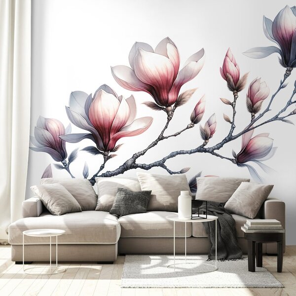 Carta da parati – Magnolie delicate su sfondo bianco