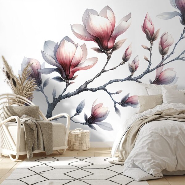 Carta da parati – Magnolie delicate su sfondo bianco