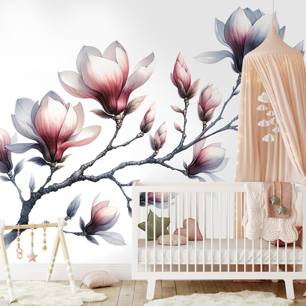 Carta da parati – Magnolie delicate su sfondo bianco