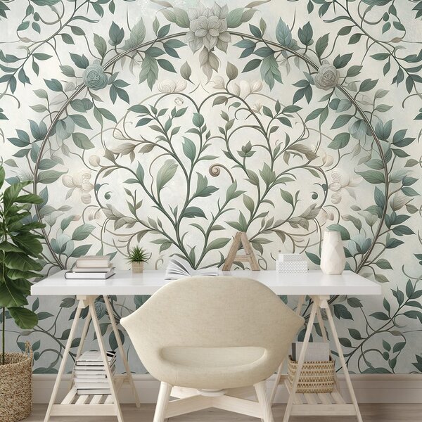 Carta da parati – Foglie verdi eleganti con fiori