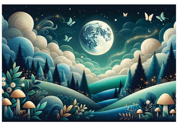 Carta da parati – Paesaggio fiabesco notturno e farfalle volanti