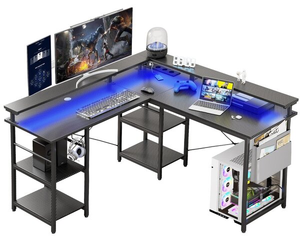 Tavolo da gioco ZELURXX a forma di L con illuminazione LED RGB, con borsa, supporto per doppio monitor, supporto per cuffie e prese, modello nero
