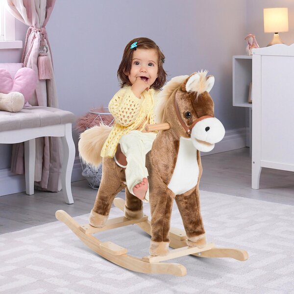 Cavallo a Dondolo Cavalcabile in Peluche e Legno Marrone