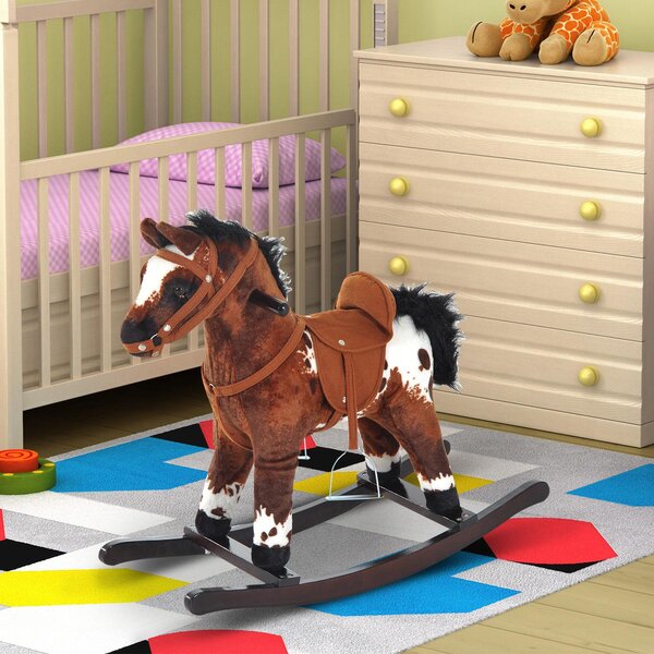 Cavallo a Dondolo con Suoni in Peluche e Legno di Pioppo Marrone Scuro