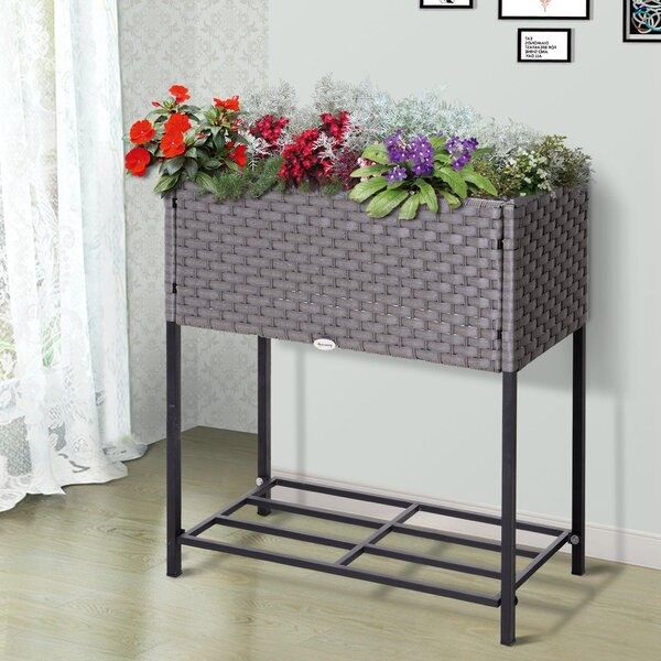 Fioriera in Metallo e Polietilene Effetto Vimini 70x30x72 cm Grigio