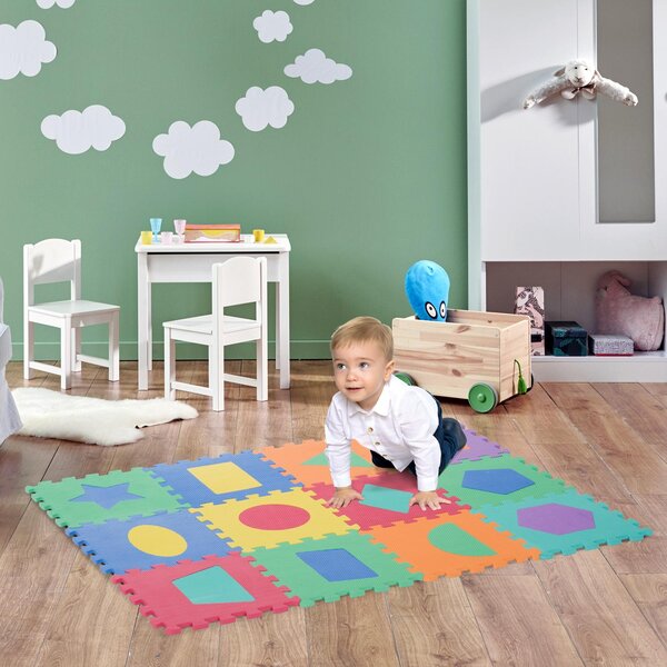 Tappeto per Bambini Puzzle Forme Geometriche 12 Tessere 31x31 cm Colorato