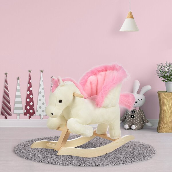 Dondolo per Bambini in Legno Cavallo in Peluche Bianco e Rosa