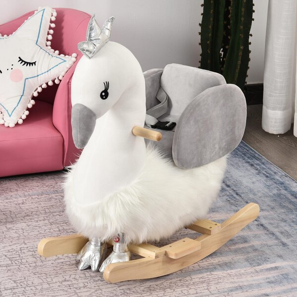 Dondolo per Bambini in Legno Cigno in Peluche Bianco e Grigio