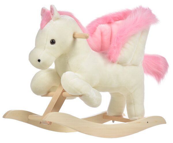 Dondolo per Bambini in Legno Cavallo in Peluche Bianco e Rosa