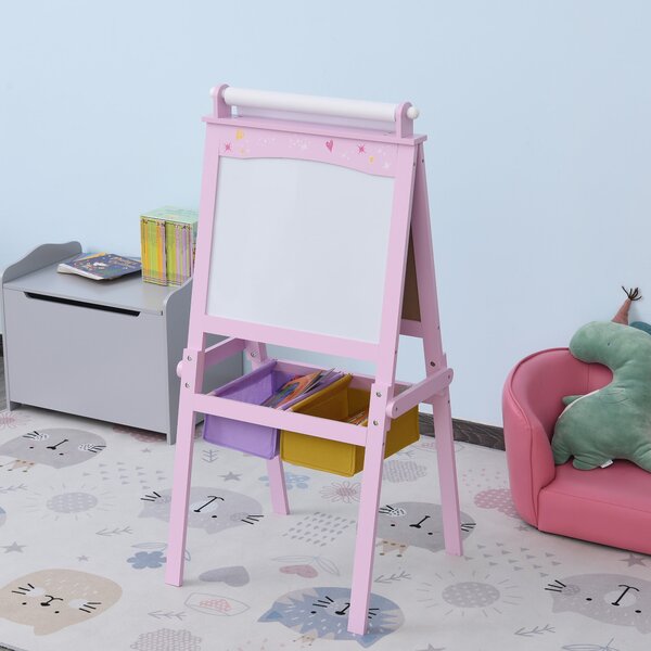 Lavagna per Bambini 3 in 1 con Cavalletto in Legno Rosa