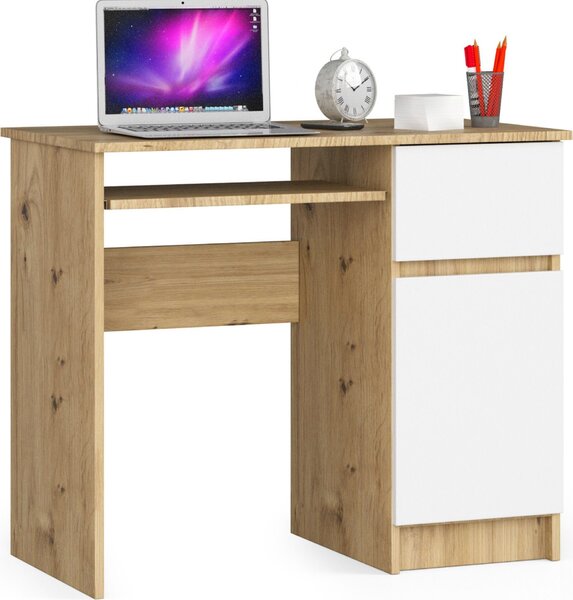 Scrivania per PC AKORD PIKSEL destra rovere Artisan fronte bianco L90 x H77 x P50 cm