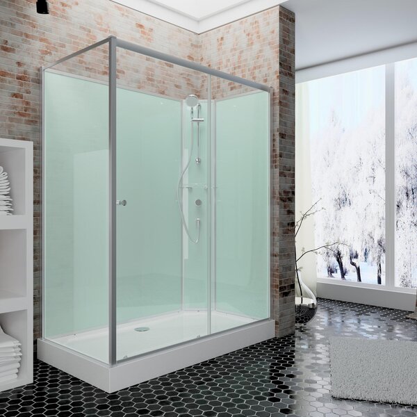Schulte, box doccia completo 120x90 cm, modello Ibiza, con porta scorrevole e vetro di sicurezza temperato ESG da 5 mm, pannello posteriore color verde chiaro, profilo color alluminio naturale, versione per installazione a destra